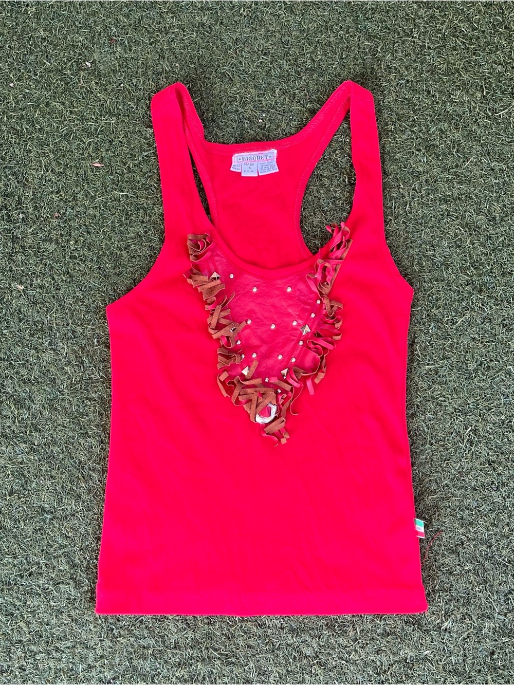 Y2K red tank top with brown ruffled trim and silver studs #y2k #festival